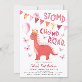 Invitación Stomp Chomp Roar Chica de dinosaurios Primer Fiest