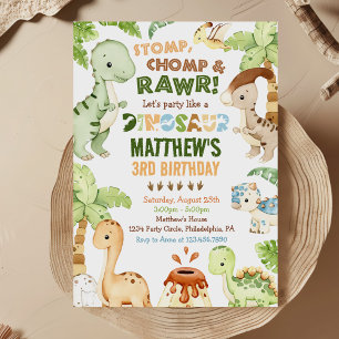 Invitación Stomp Chomp Roar Dinosaur 3er cumpleaños