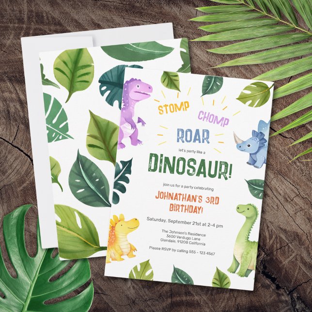 Invitación Stomp Chomp Roar Dinosaur 3er Fiesta de cumpleaños (Stomp Chomp Roar Dinosaur 3rd Birthday Party Invitation)