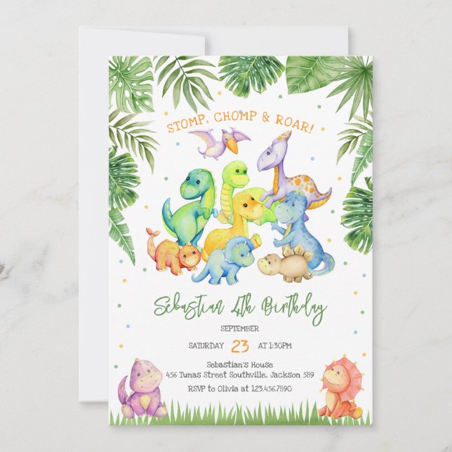 Invitación Stomp Chomp Roar Dinosaur Birthday Invitation (Anverso)