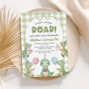 Invitación Stomp Chomp Roar Dinosaur Gingham Primer Cumpleaño