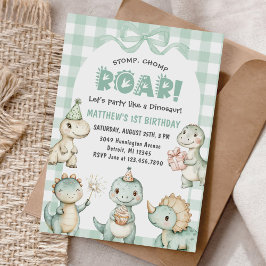Invitación Stomp Chomp Roar Dinosaur Gingham Primer Cumpleaño