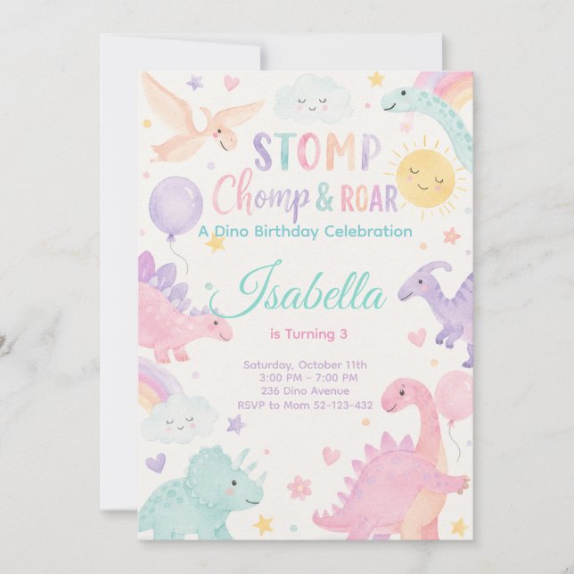 Invitación Stomp Chomp & Roar Dinosaur Invitation Editable (Anverso)