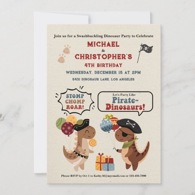 Invitación Stomp Chomp Roar Dinosaur Pirate Twin Boy Cumpleañ (Anverso)