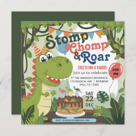 Invitación Stomp Chomp Roar dinosaurio uno en un cumpleaños s