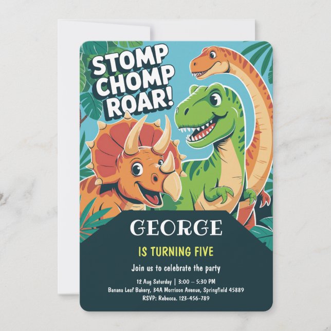 Invitación Stomp Chomp Roar | Fun Cute Dinosaurs 5th Birthday (Anverso)