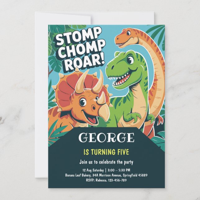Invitación Stomp Chomp Roar Fun Dinosaur 5th Birthday Party (Anverso)