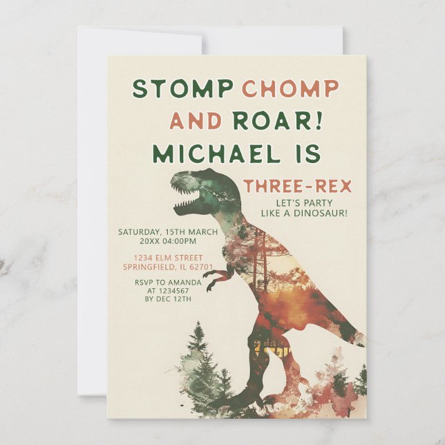 Invitación Stomp Chomp Roar T-Rex Dinosaur Boy 3 cumpleaños (Anverso)