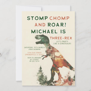 Invitación Stomp Chomp Roar T-Rex Dinosaur Boy 3 cumpleaños