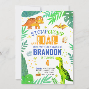 Invitación Stomp Chomp Y Roar Boy Dinosaur Birday