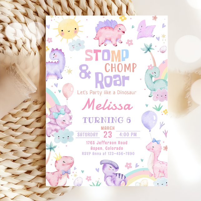 Invitación Stomp Chomp y Roar Chica de dinosaurios rosados Cu (Subido por el creador)