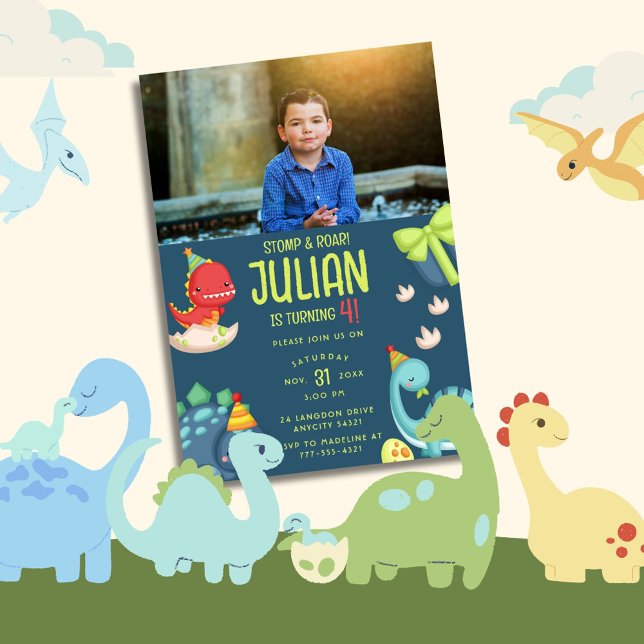 Invitación STOMP & ROAR Turno 4 cumpleaños de dinosaurios (Subido por el creador)