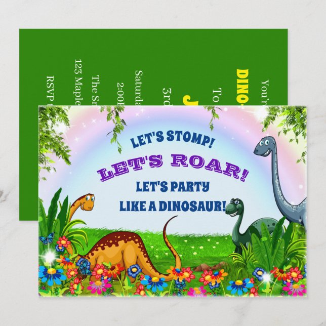 Invitación Stomp y Roar la fiesta de cumpleaños de los dinosa (Anverso / Reverso)