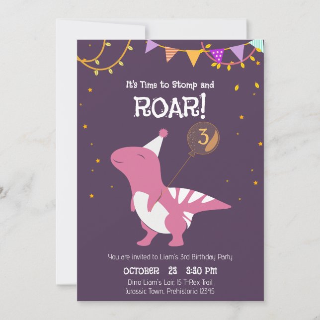 Invitación Stomp y Roar tercer cumpleaños (Anverso)