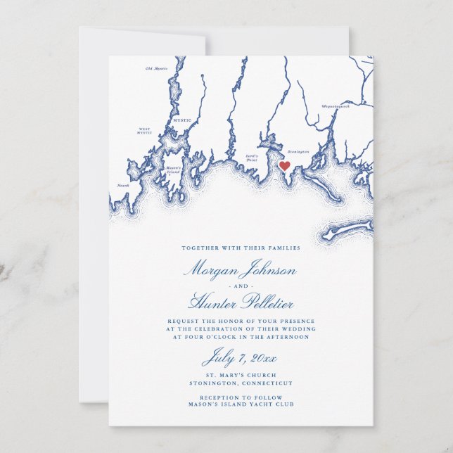 Invitación Stonington CT Map Elegant Blue Church Boda (Anverso)