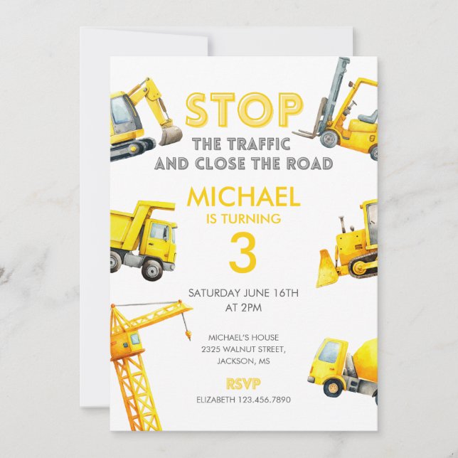 Invitación Stop The Traffic Construction Trucks Birthday (Anverso)