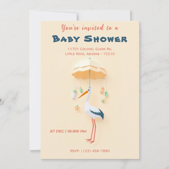 Invitación Stork Adorable con Baby Shower de paraguas (Anverso)
