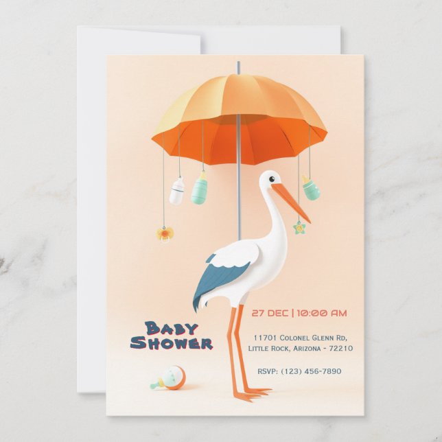 Invitación Stork Adorable con Baby Shower de paraguas (Anverso)