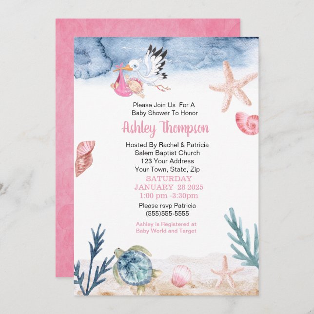 Invitación Stork and Ocean Chica Baby Shower (Anverso / Reverso)