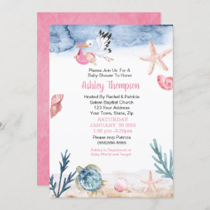 Invitación Stork and Ocean Chica Baby Shower
