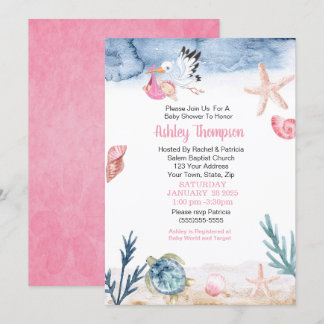 Invitación Stork and Ocean Chica Baby Shower