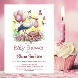 Invitación Stork Baby Girl Baby Shower