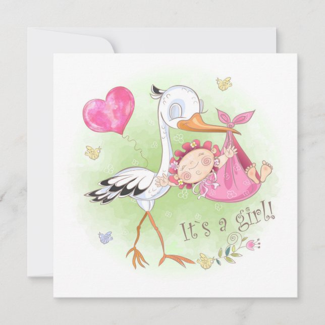 Invitación *~* Stork Baby Heart Flowers Baby Shower (Anverso)