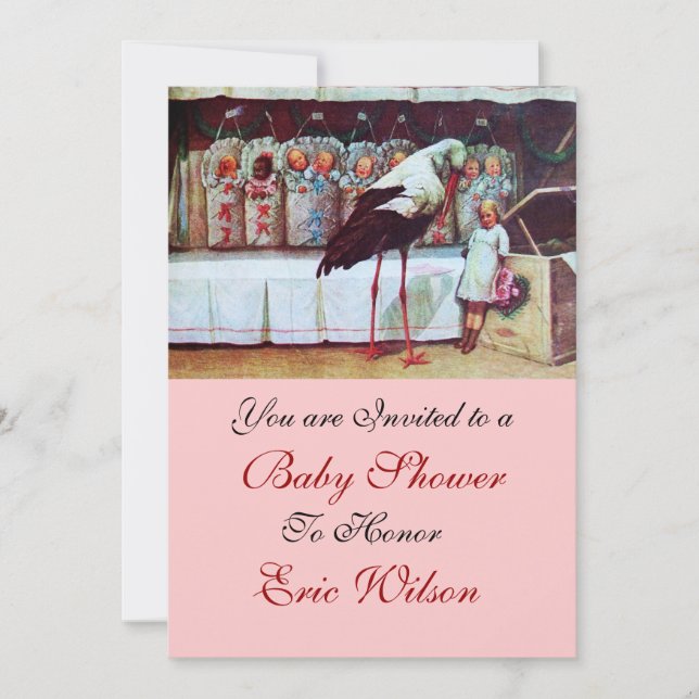 Invitación STORK BABY SHOWER 3, metal dorado rosa (Anverso)