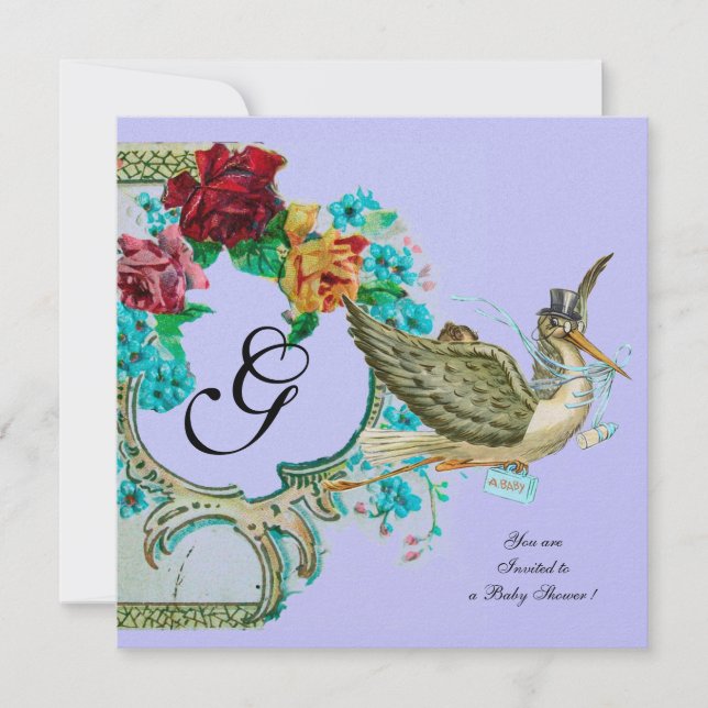 Invitación STORK BABY SHOWER 3 MONOGRAM champagne blanco (Anverso)