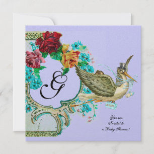 Invitación STORK BABY SHOWER 3 MONOGRAM champagne blanco