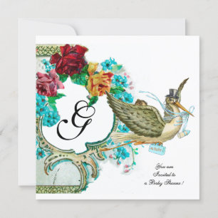 Invitación STORK BABY SHOWER 3 MONOGRAM champagne blanco