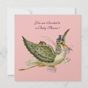 Invitación STORK BABY SHOWER ,metal dorado