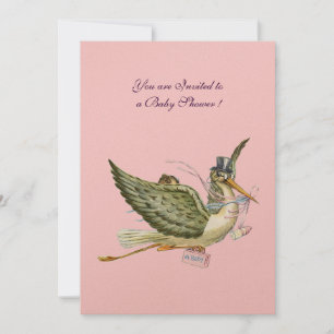 Invitación STORK BABY SHOWER ,metal dorado