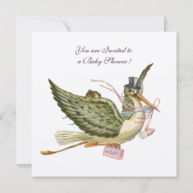 Invitación STORK BABY SHOWER , papel de fieltro (Anverso)