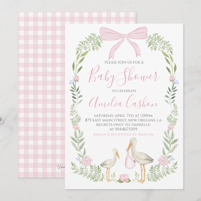Invitación Stork Baby Shower Pink Preppy Southern Chica (Anverso / Reverso)