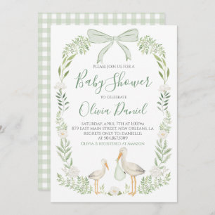 Invitación Stork Baby Shower Preppy Coquette Sage Green