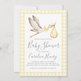 Invitación Stork Baby Shower Preppy Gingham Neutral Yellow