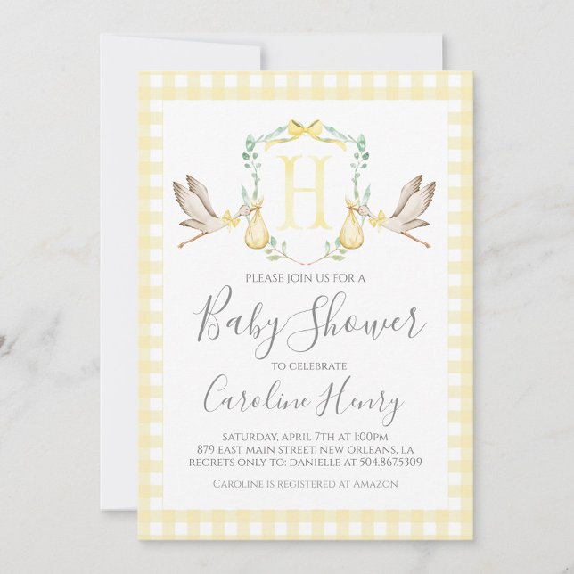 Invitación Stork Baby Shower Preppy Gingham Neutral Yellow (Subido por el creador)