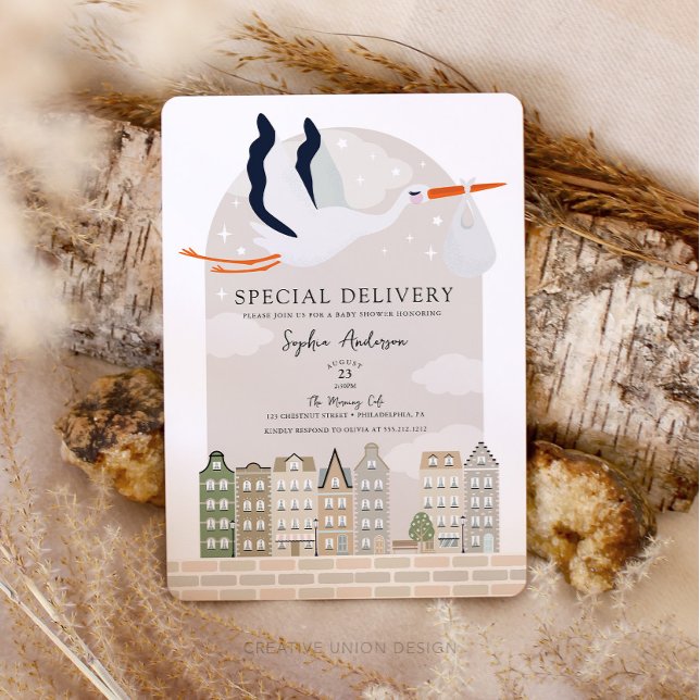 Invitación Stork Boho Baby Shower Special Delivery Sprinkle (Boho Baby Shower Stork)