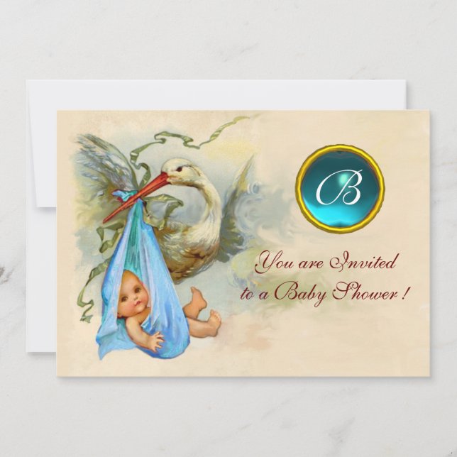 INVITACIÓN STORK BOY BABY SHOWER BLUE GEMSTONE MONOGRAM (Anverso)