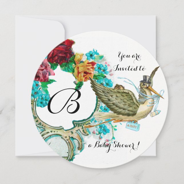 INVITACIÓN STORK BOY BABY SHOWER FLORAL MONOGRAM CON ROSAS (Anverso)