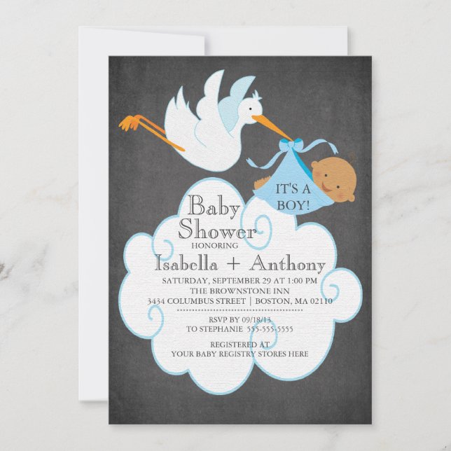 Invitación Stork Chalkboard African American Boy Baby Shower (Anverso)