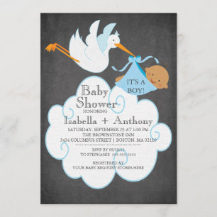 Invitación Stork Chalkboard African American Boy Baby Shower