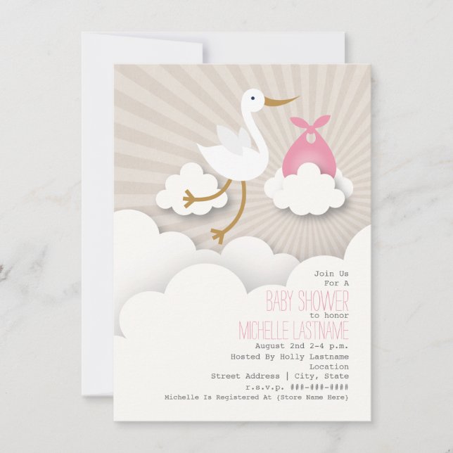Invitación Stork + Clouds Baby Shower - Rosa (Anverso)