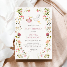 Invitación Stork Delivery Pink Floral Garden Girl Baby Shower