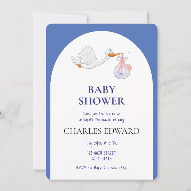 Invitación Stork Entregando Azul De Baby Shower A Little Boy (Anverso)