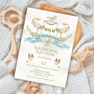 Invitación Stork Escudo Watercolor Baby Boy Shower