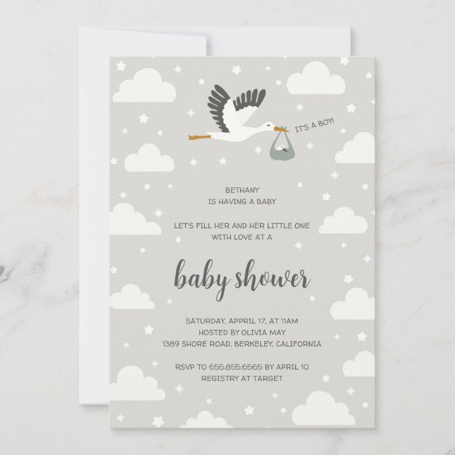Invitación Stork illustration boy baby shower invitation (Anverso)