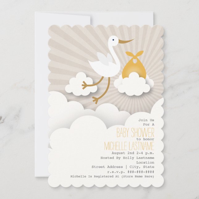 Invitación Stork In The Clouds Baby Shower - Naranja (Anverso)