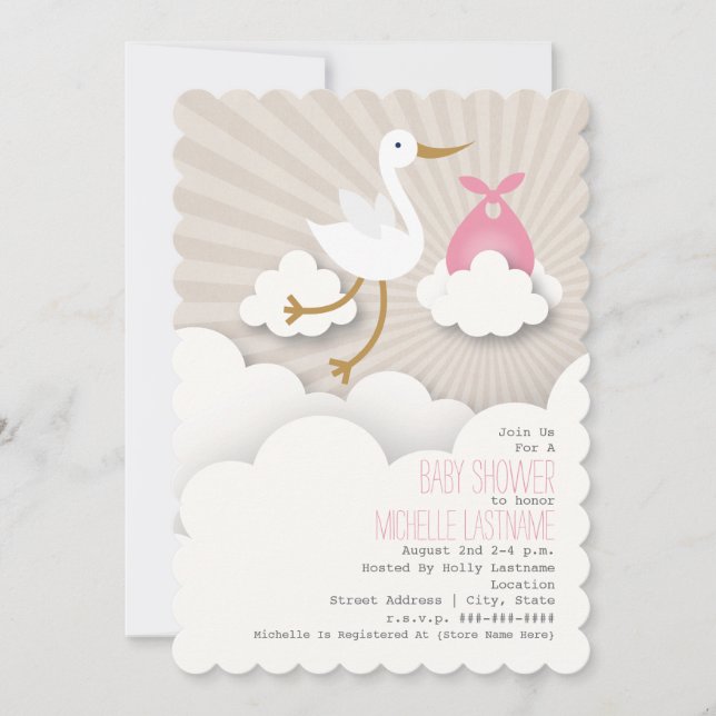 Invitación Stork In The Clouds Baby Shower - Rosa (Anverso)